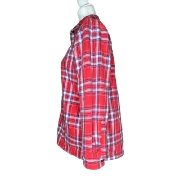L.L. Bean Red White Blue Plaid Fleece Line Button Up Long Sleeve Shirt - Picture 4 of 8